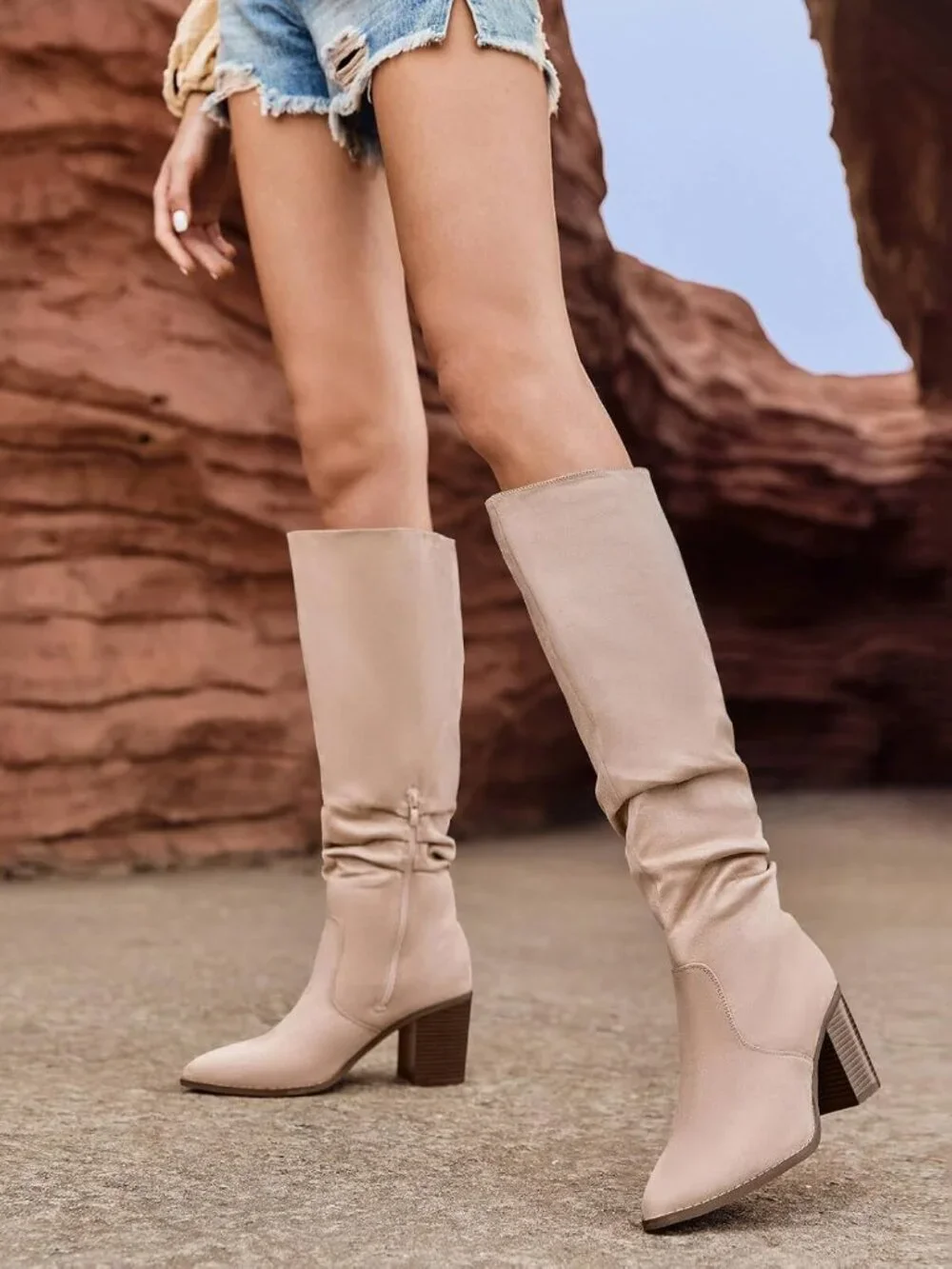 Women's Nude Pointed Toe Mid Chunky Heel Side Zipper Over The Knee Boots
